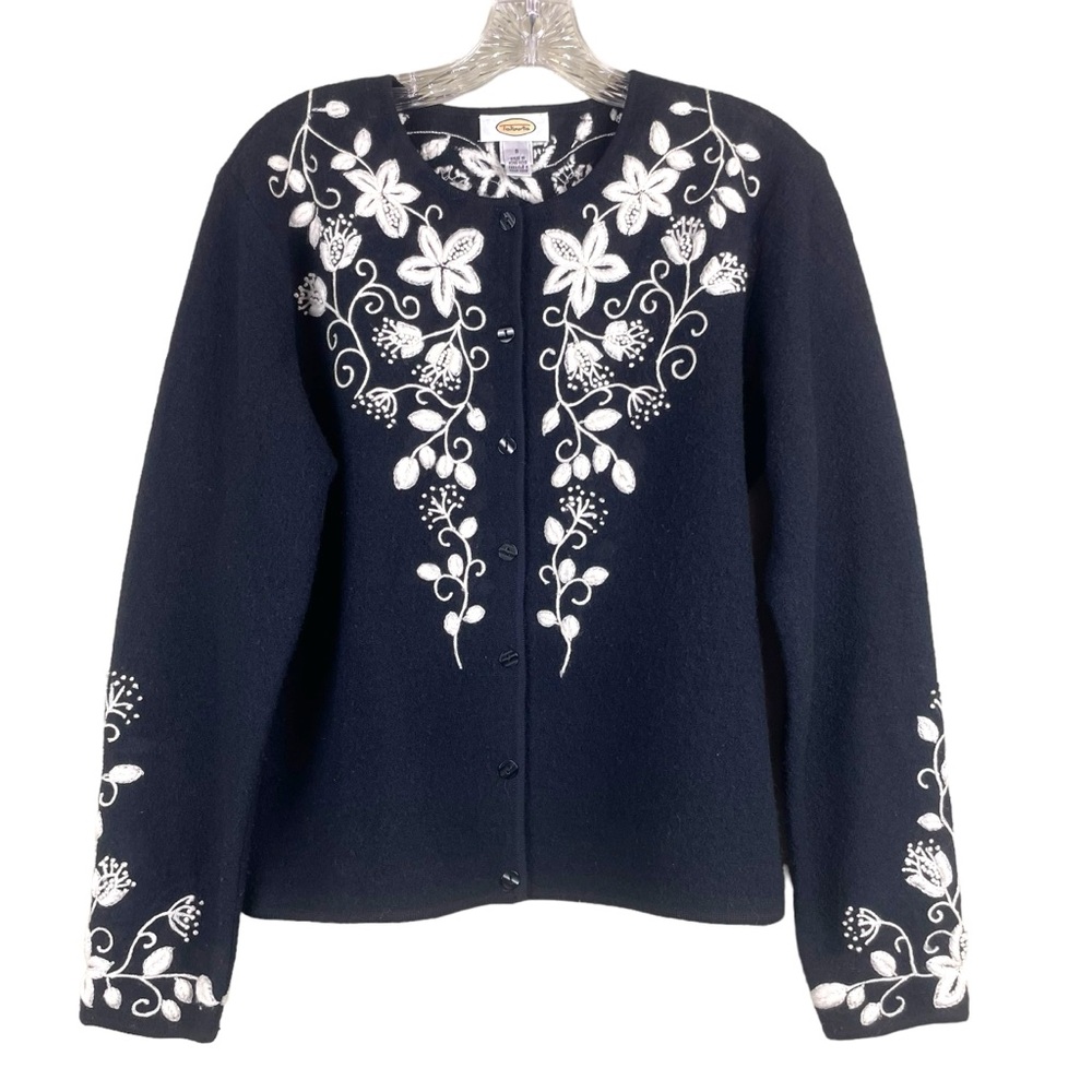Talbots 100% wool embroidered boho style cropped jacket black & Ivory Small